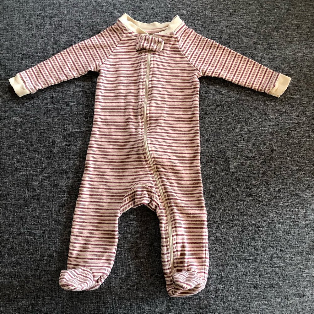 PACT long sleeve infant footsie romper - Size 0-3 - Red and cream stripes
